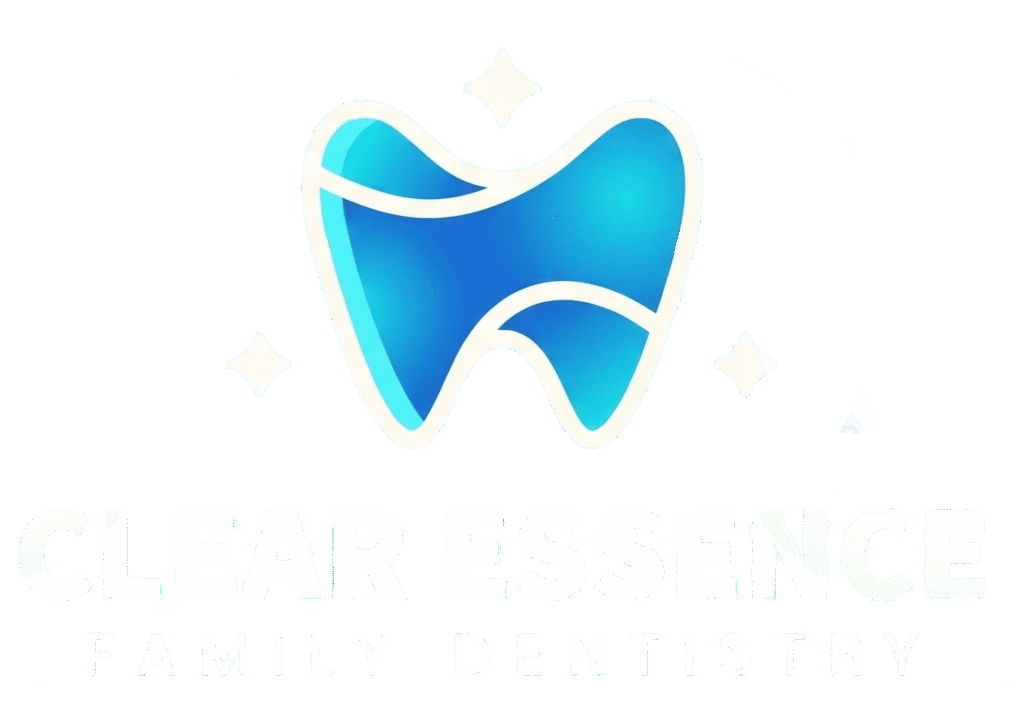 Clear Essence Family Dentistry white logo with blue tooth icon