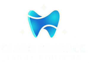 Clear Essence Family Dentistry white logo with blue tooth icon